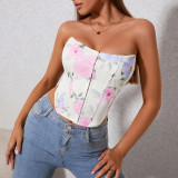 Strapless Top Women's Print Off Shoulder Lace-Up Low Back Corset Tank Top