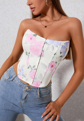 Strapless Top Women's Print Off Shoulder Lace-Up Low Back Corset Tank Top