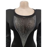 Women's fashion solid color v-neck mesh See-Through long-sleeve fringe dress for women