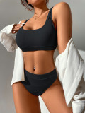 Bikini solid color polyester+Spandex high waist bikini swimsuit women