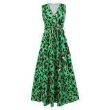 Women V Neck Leopard Print Slim Fit Tie Dress Fashion Maxi Dress