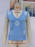 Spring And Summer Women'S Printed V-Neck Sleeveless Knitting Flower Pullover Women'S Knitting Shirt