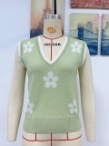 Spring And Summer Women'S Printed V-Neck Sleeveless Knitting Flower Pullover Women'S Knitting Shirt