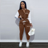Women'S Fashion Color Block Jacket Single Breasted Letter Print Baseball Jersey Sweatpants Two Piece Tracksuit