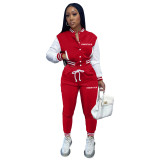 Women'S Fashion Color Block Jacket Single Breasted Letter Print Baseball Jersey Sweatpants Two Piece Tracksuit