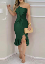 Summer Women'S Solid Color Slash Shoulder Low Back Ruffle Slim Formal Party Evening Dress