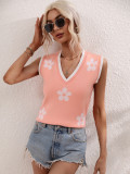 Spring And Summer Women'S Printed V-Neck Sleeveless Knitting Flower Pullover Women'S Knitting Shirt