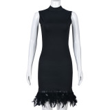 Women'S Spring Stand Collar Feather Patchwork Slim Sexy Dress