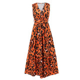 Women V Neck Leopard Print Slim Fit Tie Dress Fashion Maxi Dress