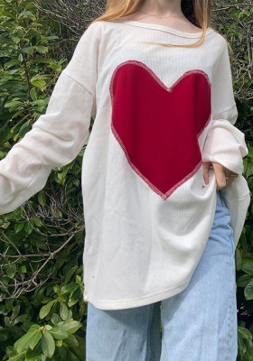 Women Long Sleeve Round Neck Heart Print T-Shirt