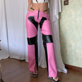 Women Contrast Zipper Patchwork Split Pu Leather Pant