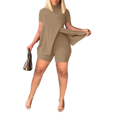 Women Turtleneck Slit Top And Shorts Two-Piece Set