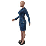 Women Elastic Long Sleeve Zip Belt Denim Dress