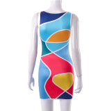 Women Spring Print Sleeveless Round Neck Dress