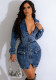 Women Elastic Long Sleeve Zip Belt Denim Dress