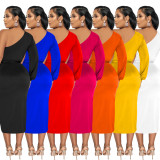 Women's Fashion Solid Color Single Long Sleeve Slash Shoulder Maxi Dress