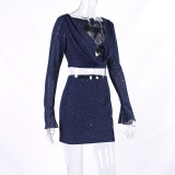 Fall Winter Set Christmas Sequin Long Sleeve Crop Top Slit Bodycon Skirt Two-Piece Set