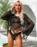 Summer Tassel Irregular Bikini Beach Shirt Hollow Knitting Sunscreen Blouse