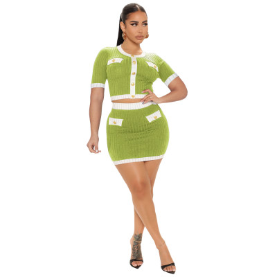 Women'S Spring Summer Ribbed Round Neck Color Block Short Sleeve Chic Two Piece Skirt Suit