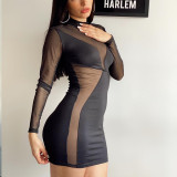 Women'S Spring Solid Color Mesh Sexy Long Sleeve See Through Slim Mini Dress