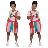 Women'S Clothes Lips Stripes Printed Sports Short Sleeve T-Shirt Shorts Set Two-Piece Set
