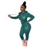 Women'S Spring Print Zipper Hooded Long Sleeve Tracksuits Sports Two-Piece Pants Set
