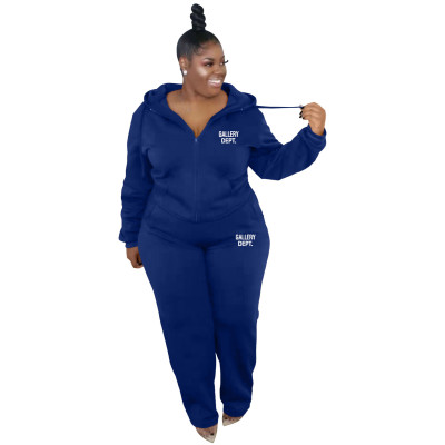 Plus Size Women'S Fashion Casual Solid Color Fall Winter Hooded Two Piece Tracksuits Set