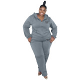 Plus Size Women'S Fashion Casual Solid Color Fall Winter Hooded Two Piece Tracksuits Set