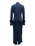 Women Turndown Collar Long Sleeve Feather Maxi Dress