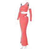 Women Long Sleeve One Shoulder Top And Maxi Dress Two-Piece Set