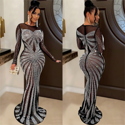 Women Solid Color Mesh See-Through Beaded Long Sleeve Maxi Dress