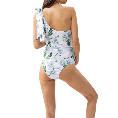 Plus Size Women Pleated One-Shoulder Tether Print Maternity Swimwear