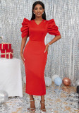 Plus Size Women Hollow Pleated Solid Color Dress Evening Dress
