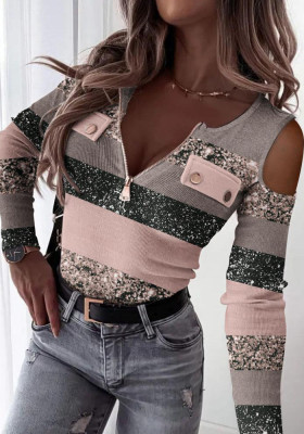 Women Zipper Contrast Printed V-Neck Off Shoulder Top