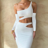 Women Long Sleeve One Shoulder Top And Maxi Dress Two-Piece Set