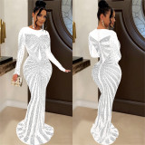 Women Solid Color Mesh See-Through Beaded Long Sleeve Maxi Dress