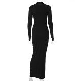 Women Solid Round Neck Long Sleeve Split Bodycon Dress