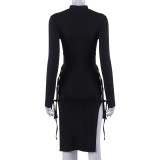 Women Round Neck Long Sleeve Lace-Up Cutout Bodycon Dress