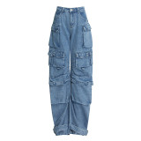 Women Fashion Patchwork Pocket Cargo Wide Leg Pants