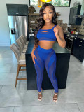 Women Mesh Irregular Patchwork Solid Color Sexy Crop Top And Pant Two-piece Set