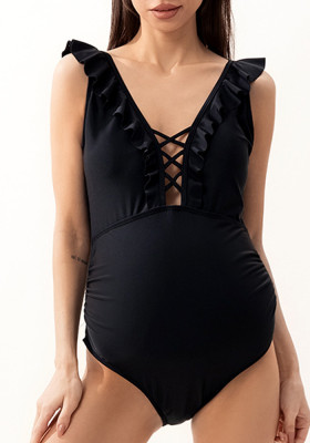 Women One Piece Bikini Solid Side Waist Pleated Ruffled Maternity Swimwear