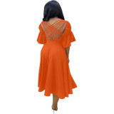 Women Casual V-Neck Ruffle Sleeve Backless Slit Dress