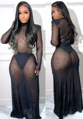 Women Sexy Mesh See-Through Long Sleeve Dress