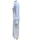 Women Turndown Collar Long Sleeve Feather Maxi Dress