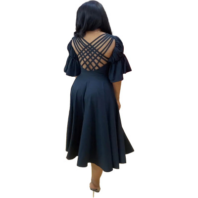 Women Casual V-Neck Ruffle Sleeve Backless Slit Dress