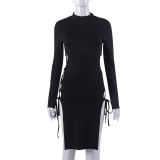 Women Round Neck Long Sleeve Lace-Up Cutout Bodycon Dress