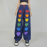 Hip Hop Trend Heart Print Multi-Color Print Loose Denim Pants Women's Winter High Waist Casual Trousers