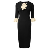 Fashion Women's Bodycon Career Patchwork Chic Color Block Round Neck Dress