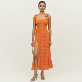 Summer Sexy Strap Slit Dress Fashion Floral Lace-Up Strapless Midi Dress