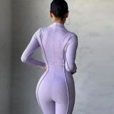 Spring Women's Fashion High Neck Tight Fitting High Waist Zipper Casual Solid Color Sports Jumpsuit
